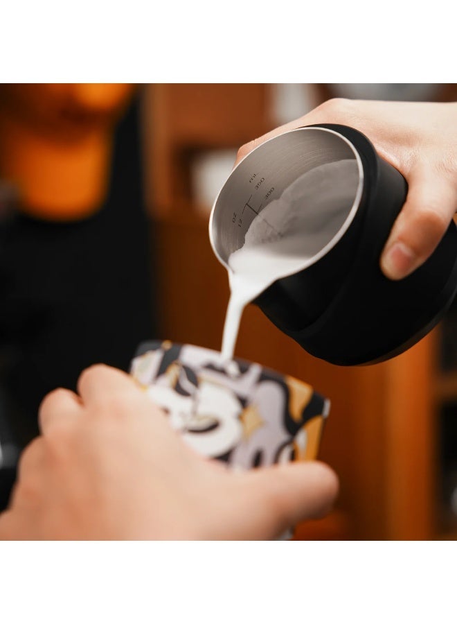 MHW-3BOMBER GT Milk Pitcher Handle less, Black – 400 ml Stainless Steel Latte Art Pitcher with Silicone Sleeve Grip, U-Shaped Spout, Dual Scale Markings and Ergonomic Design for Latte Art - Image 3